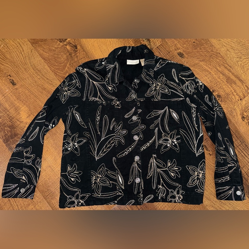 Studio Works Embroidered Black and White Floral Print Blazer